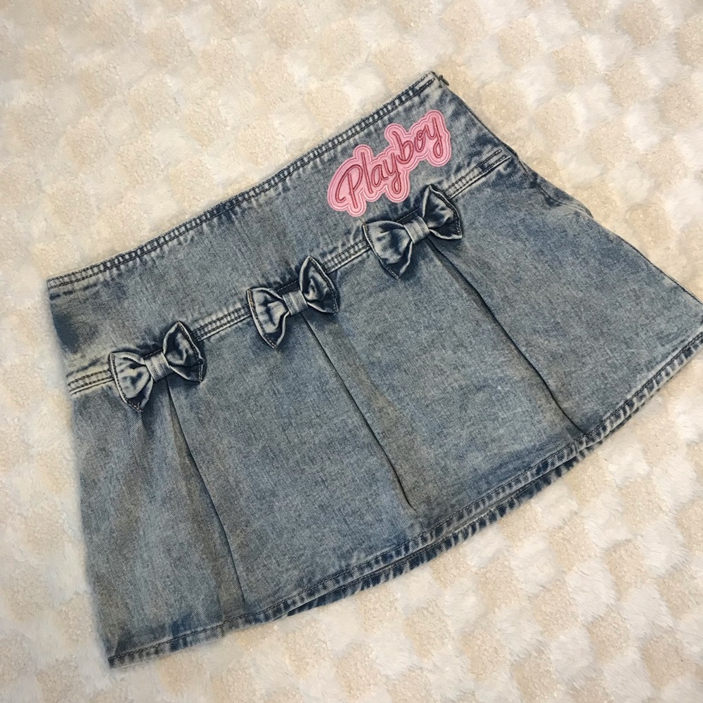 Playboy Denim Pleated Mini Skirt with Bows